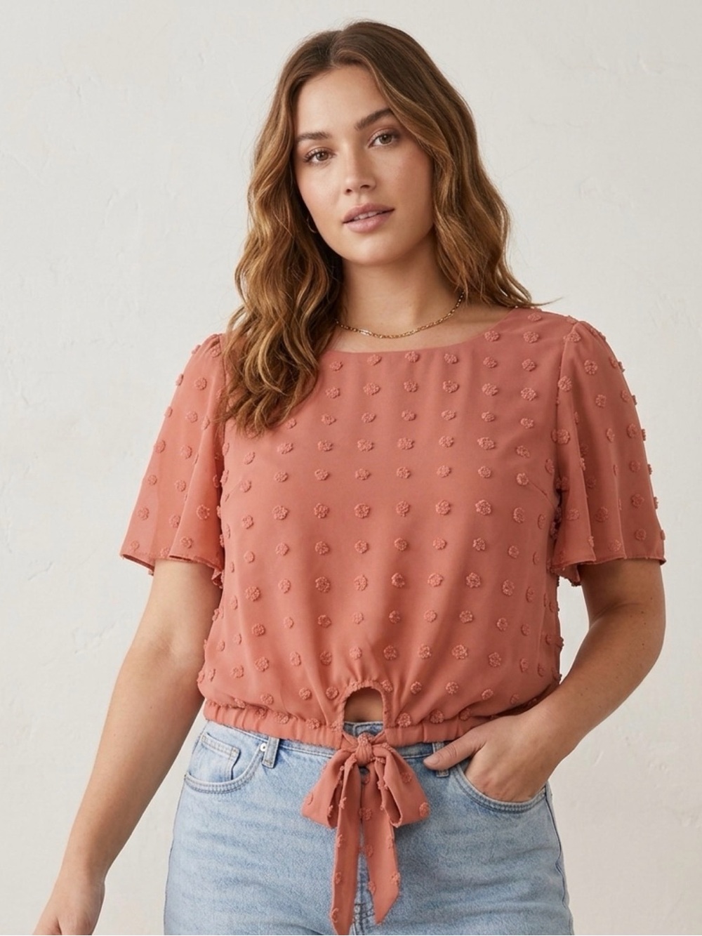 SHEIN Tie-Hem Textured Short Sleeve Top - Dusty Rose